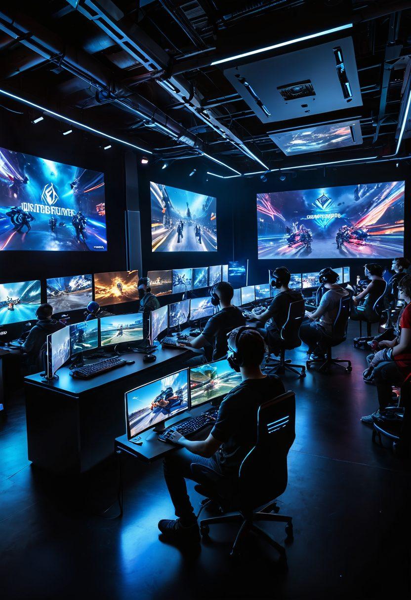 A dynamic scene showcasing a diverse group of gamers immersed in various gaming setups, each displaying futuristic technologies like VR headsets, holographic screens, and advanced gaming peripherals. Incorporate elements of esports competitions, showcasing excitement and strategy with a vivid digital landscape in the background filled with iconic gaming imagery. The overall atmosphere should evoke a sense of innovation and community among gamers. vibrant colors. 3D. digital art.
