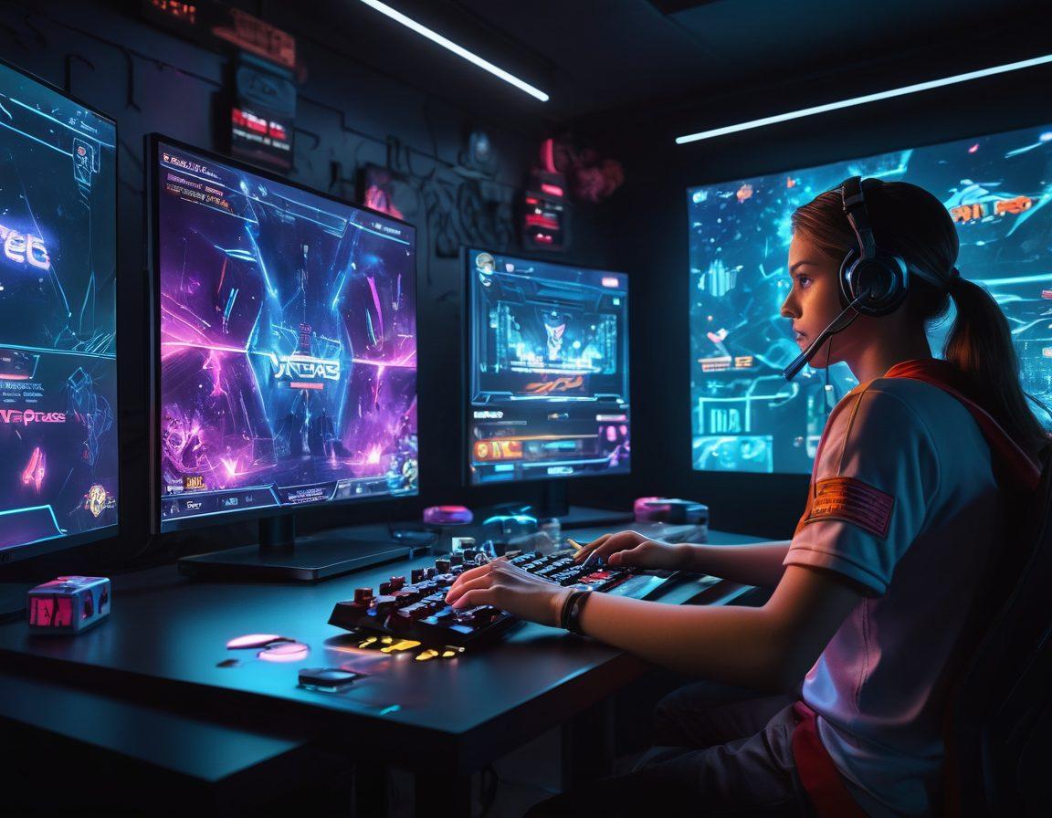 An intense gaming scene featuring a focused player surrounded by holographic displays of game stats, strategies, and expert tips. Bright neon colors illuminate the dark room, with virtual landscapes of various games blending into the background. Showcase a sense of determination and skill, emphasizing the mastery of gameplay. dynamic lighting. super-realistic. vibrant colors.