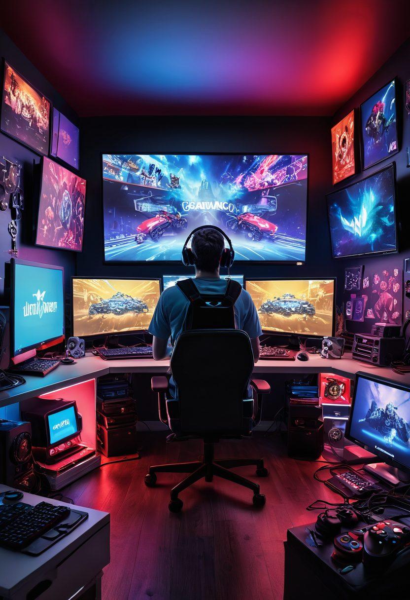 A dynamic scene depicting a gamer surrounded by multiple screens showcasing various gaming tutorials and updates. The room is filled with vibrant LED lights, gaming paraphernalia, and a cluttered desk with game controllers and headphones. In the background, trophies and posters celebrate gaming culture. The overall atmosphere conveys excitement and immersion in the gaming world. super-realistic. vibrant colors. digital art.